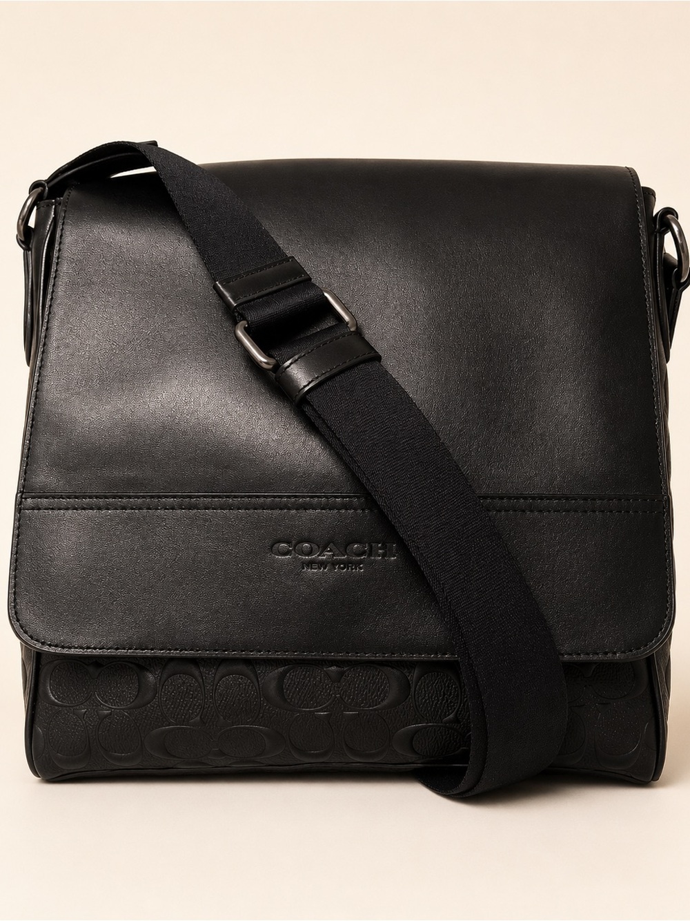 Coach Houston Map Bag Signature Leather Crossbody Black Gunmetal + Dust Bag - Picture 2 of 12